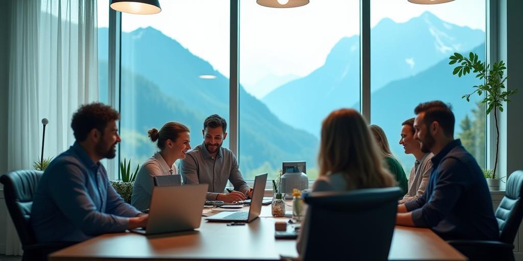 Team collaborating at AlpinePass office with a view of the Swiss Alps