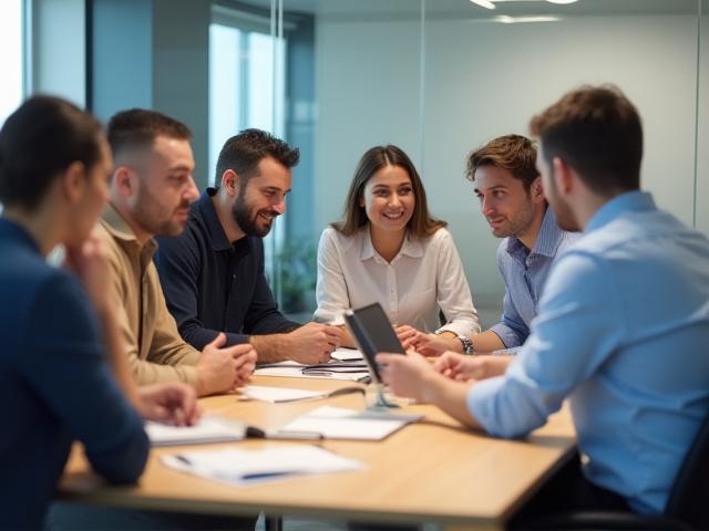 Diverse group of AlpinePass employees collaborating in a modern meeting room